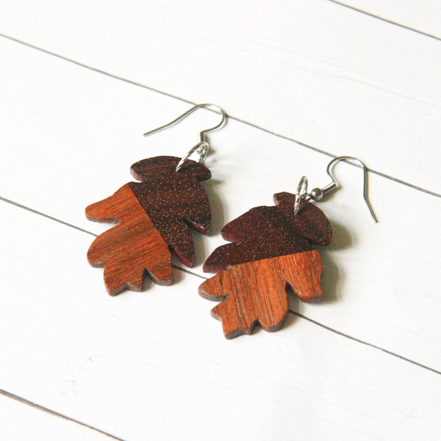 Purple Heart & Walnut Leaf Earrings