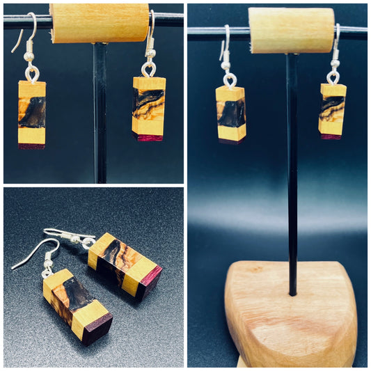 Yellow Heart, Olive Wood(Burl) & Purple Heart Wood Earrings